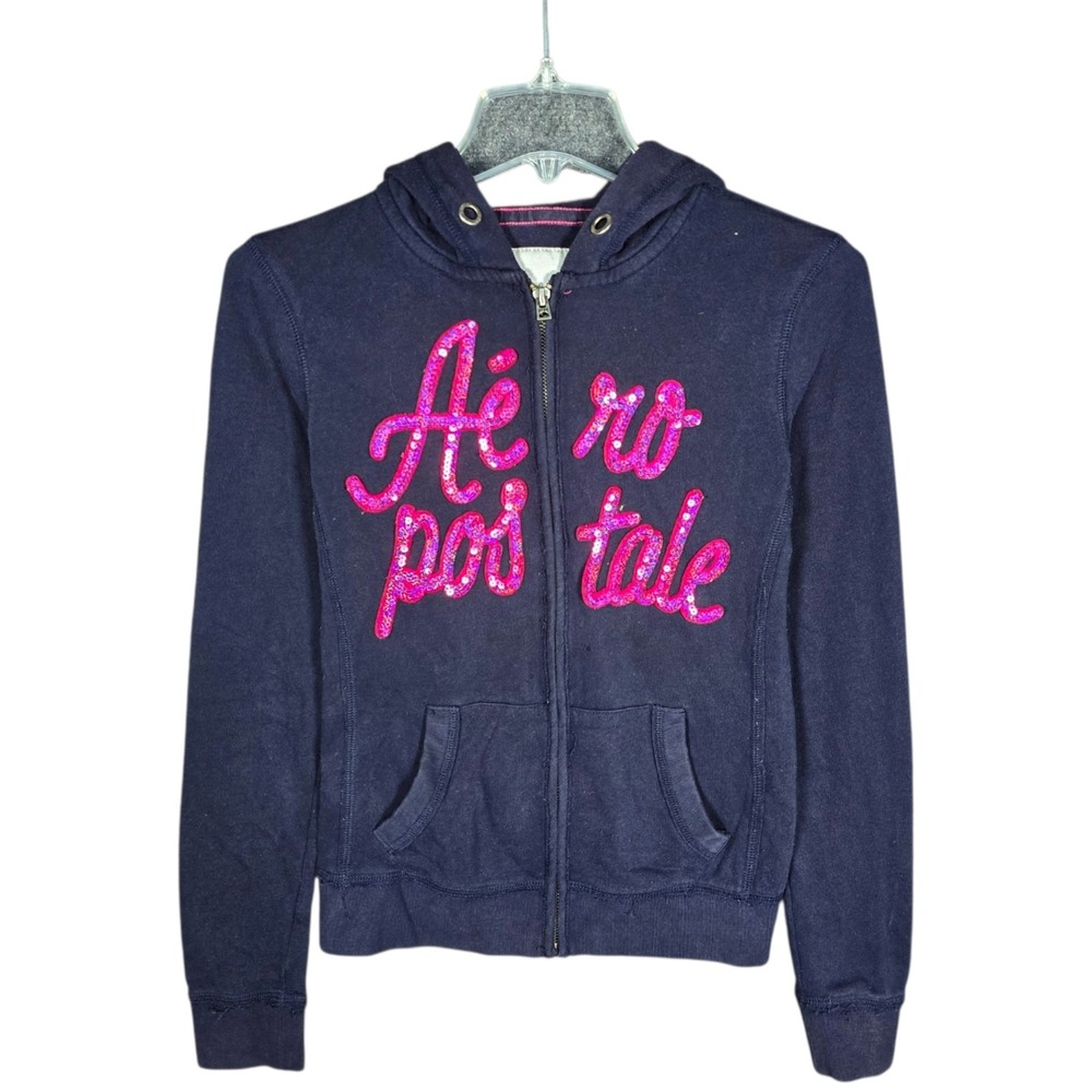 Vintage Y2K Aeropostale Hoodie Women's XS Sequined Bling Zip Up Blue Pink